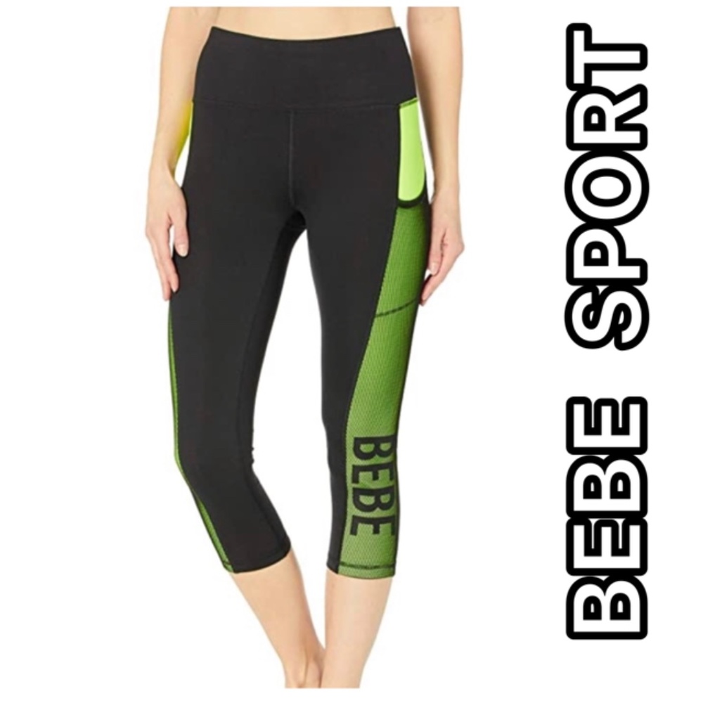 NWT BEBE SPORT NET MESH CAPRI LEGGING in BLACK & NEON YELLOW COLOR